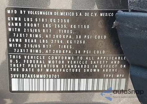 2021 Volkswagen Tiguan 2.0T S from USA, damaged, VIN 3VV1B7AX5MM070701